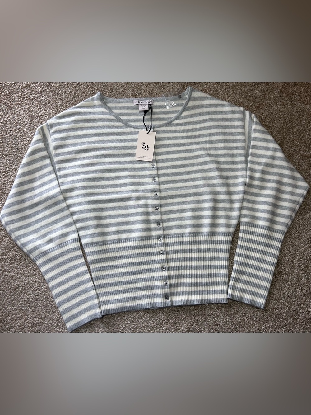 Sincerely Jules Women's Striped Button-Front Knit Cardigan Sweater Gray/White M